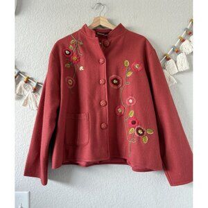 Parsley & Sage 100% Wool Embroidered Floral Orange Red Jacket Cottage Artsy XL